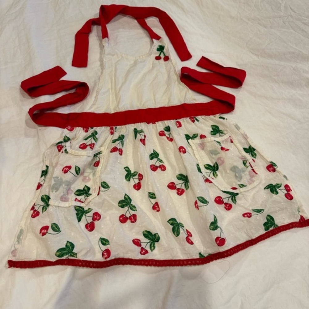 Sur La Table kids cherry print apron cotton red cream girl retro